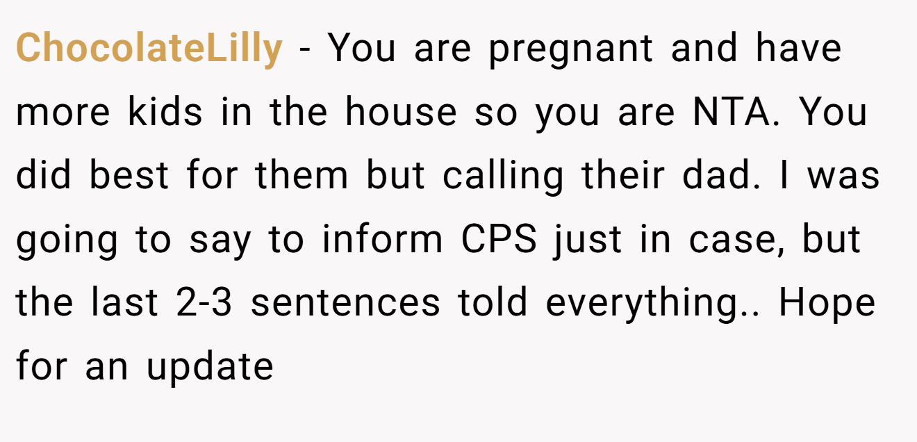 ChocolateLilly − You are pregnant and have more kids in the house so you are NTA. You did best for them but calling their dad. I was going to say to inform CPS just in case, but the last 2-3 sentences told everything.. Hope for an update
