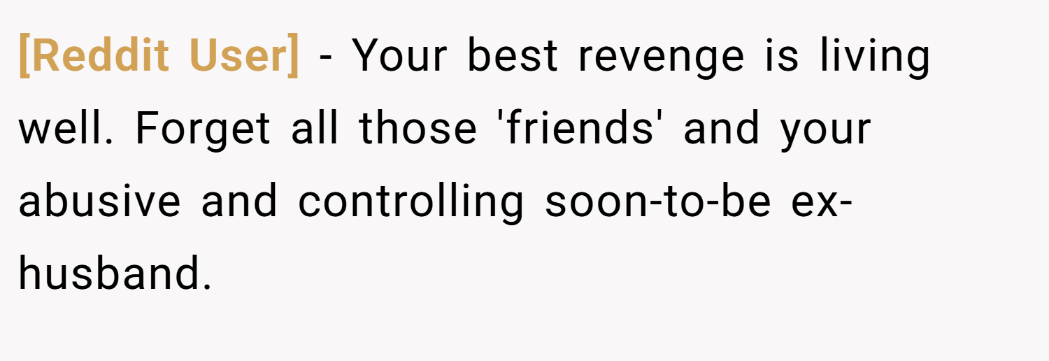 [Reddit User] − Your best revenge is living well. Forget all those 'friends' and your abusive and controlling soon-to-be ex-husband.