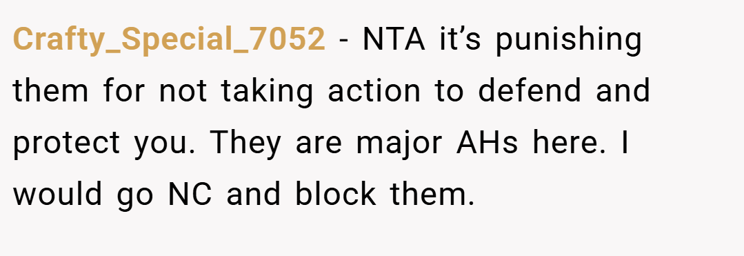 Crafty_Special_7052 − NTA it’s punishing them for not taking action to defend and protect you. They are major AHs here. I would go NC and block them.