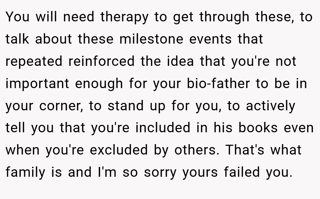 You will need therapy to get through these, to talk about these milestone events that repeated reinforced the idea that you're not important enough for your bio-father to be in your corner, to stand up for you, to actively tell you that you're included in his books even when you're excluded by others. That's what family is and I'm so sorry yours failed you.