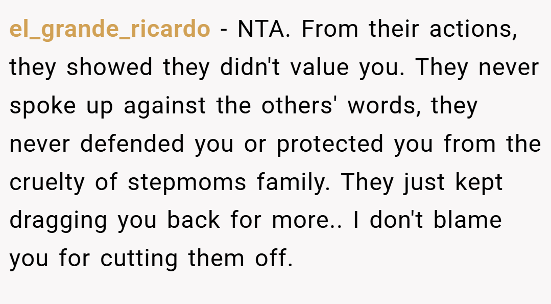 el_grande_ricardo − NTA. From their actions, they showed they didn't value you. They never spoke up against the others' words, they never defended you or protected you from the cruelty of stepmoms family. They just kept dragging you back for more.. I don't blame you for cutting them off.