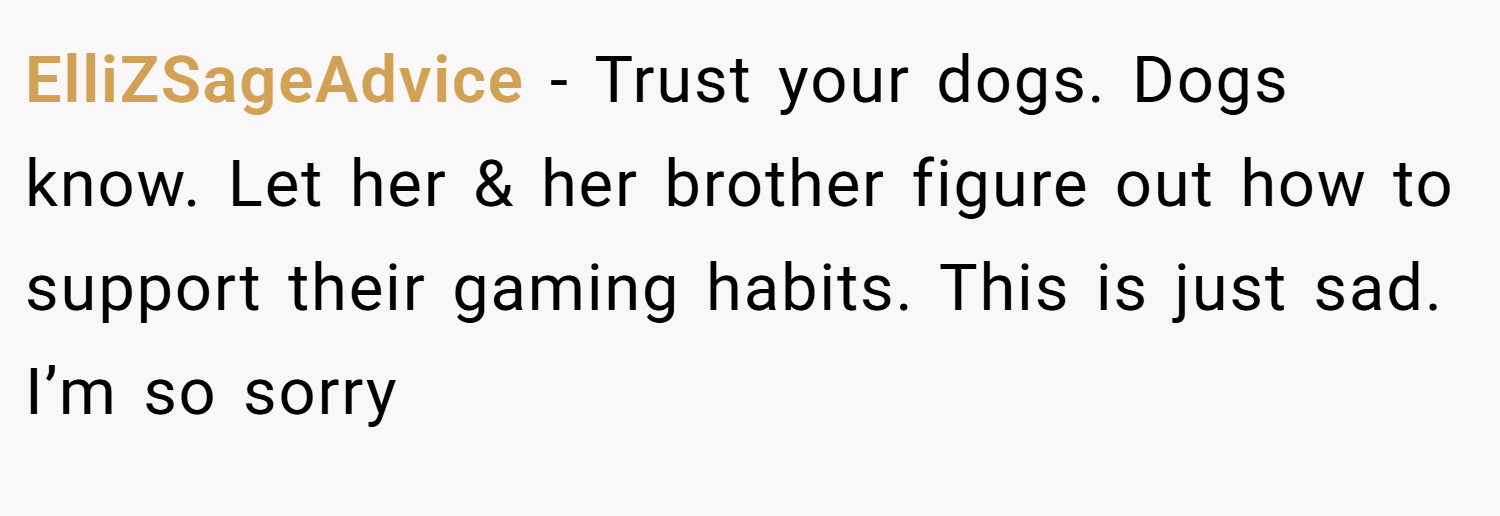 ElliZSageAdvice − Trust your dogs. Dogs know. Let her & her brother figure out how to support their gaming habits. This is just sad. I’m so sorry