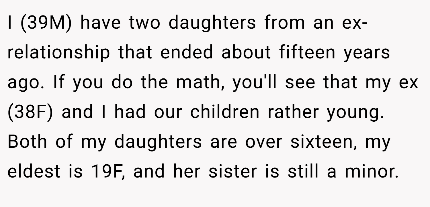I (39M) have two daughters from an ex-relationship that ended about fifteen years ago. If you do the math, you'll see that my ex (38F) and I had our children rather young. Both of my daughters are over sixteen, my eldest is 19F, and her sister is still a minor.