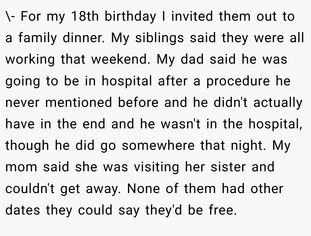\- For my 18th birthday I invited them out to a family dinner. My siblings said they were all working that weekend. My dad said he was going to be in hospital after a procedure he never mentioned before and he didn't actually have in the end and he wasn't in the hospital, though he did go somewhere that night. My mom said she was visiting her sister and couldn't get away. None of them had other dates they could say they'd be free.