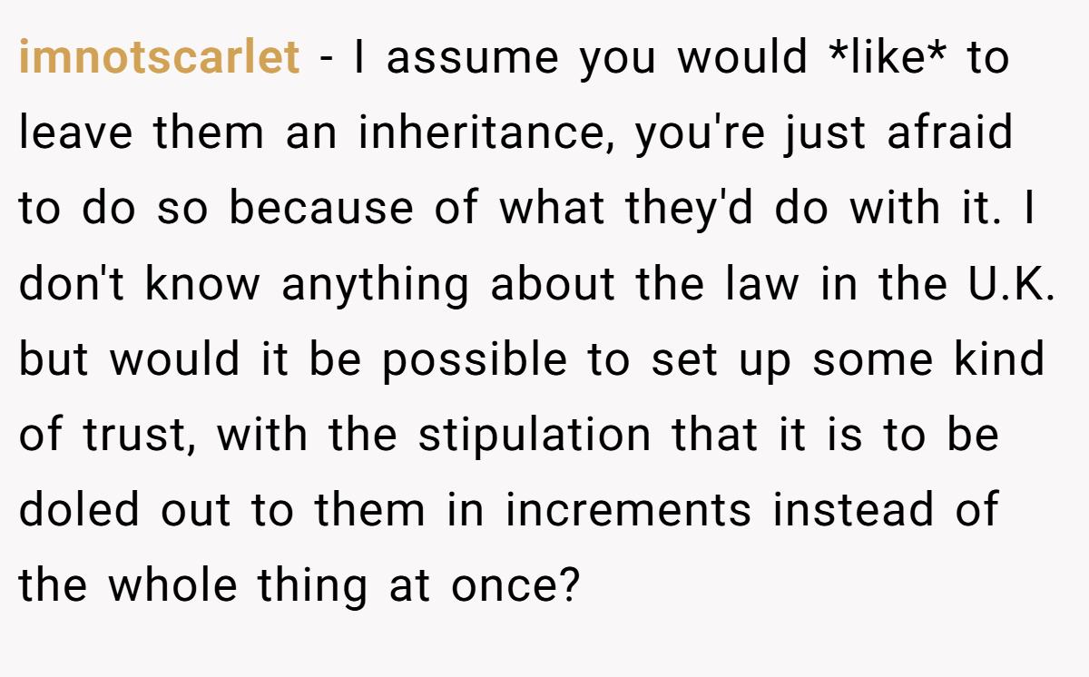 imnotscarlet − I assume you would *like* to leave them an inheritance, you're just afraid to do so because of what they'd do with it. I don't know anything about the law in the U.K. but would it be possible to set up some kind of trust, with the stipulation that it is to be doled out to them in increments instead of the whole thing at once?