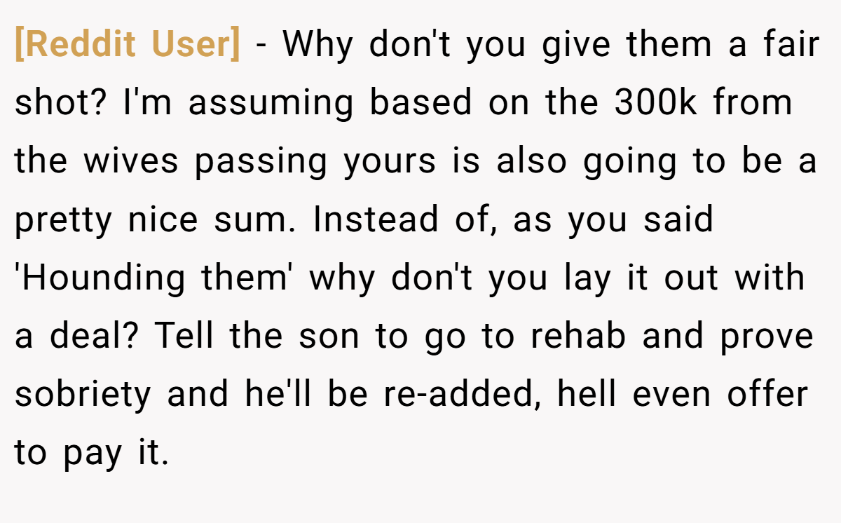 [Reddit User] − Why don't you give them a fair shot? I'm assuming based on the 300k from the wives passing yours is also going to be a pretty nice sum. Instead of, as you said 'Hounding them' why don't you lay it out with a deal? Tell the son to go to rehab and prove sobriety and he'll be re-added, hell even offer to pay it.