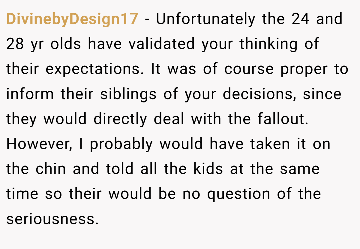 DivinebyDesign17 − Unfortunately the 24 and 28 yr olds have validated your thinking of their expectations. It was of course proper to inform their siblings of your decisions, since they would directly deal with the fallout. However, I probably would have taken it on the chin and told all the kids at the same time so their would be no question of the seriousness.