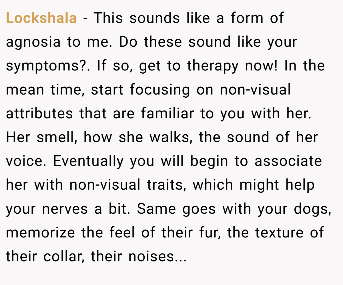 Lockshala − This sounds like a form of agnosia to me. Do these sound like your symptoms?. If so, get to therapy now! In the mean time, start focusing on non-visual attributes that are familiar to you with her. Her smell, how she walks, the sound of her voice. Eventually you will begin to associate her with non-visual traits, which might help your nerves a bit. Same goes with your dogs, memorize the feel of their fur, the texture of their collar, their noises...