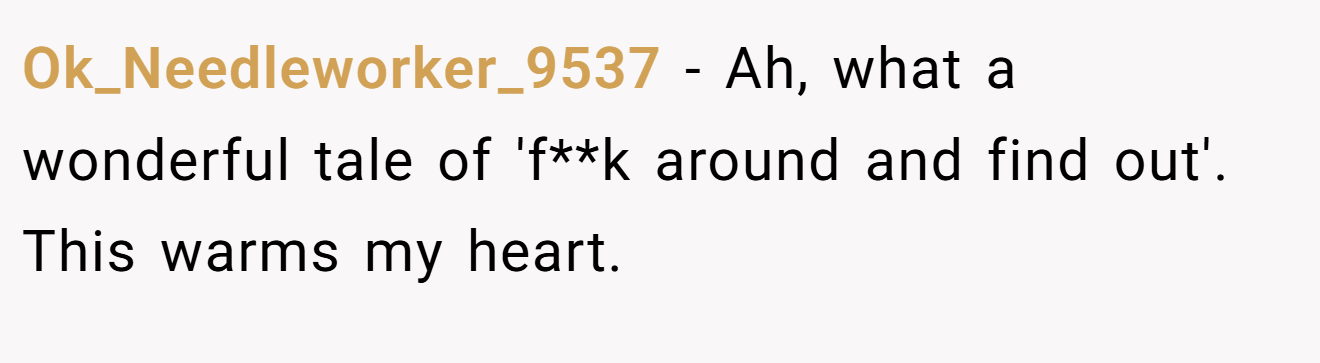 Ok_Needleworker_9537 − Ah, what a wonderful tale of 'f**k around and find out'. This warms my heart.