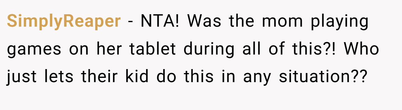 SimplyReaper − NTA! Was the mom playing games on her tablet during all of this?! Who just lets their kid do this in any situation??