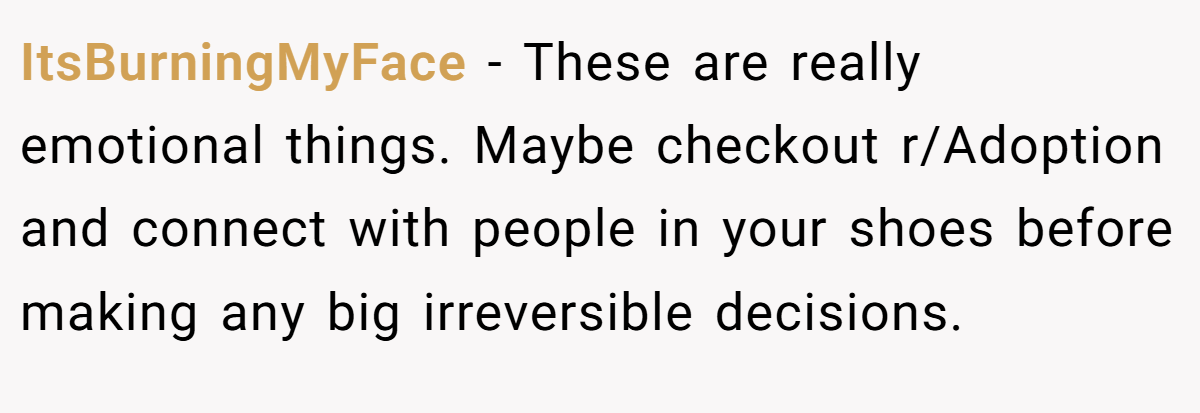 ItsBurningMyFace − These are really emotional things. Maybe checkout r/Adoption and connect with people in your shoes before making any big irreversible decisions.