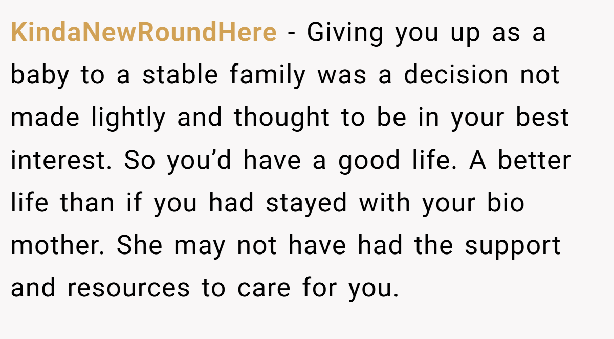 KindaNewRoundHere − Giving you up as a baby to a stable family was a decision not made lightly and thought to be in your best interest. So you’d have a good life. A better life than if you had stayed with your bio mother. She may not have had the support and resources to care for you.