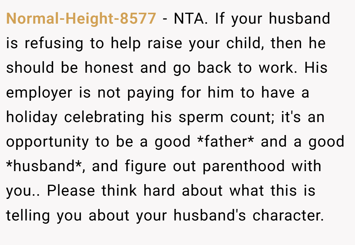 Normal-Height-8577 − NTA. If your husband is refusing to help raise your child, then he should be honest and go back to work. His employer is not paying for him to have a holiday celebrating his sperm count; it's an opportunity to be a good *father* and a good *husband*, and figure out parenthood with you.. Please think hard about what this is telling you about your husband's character.