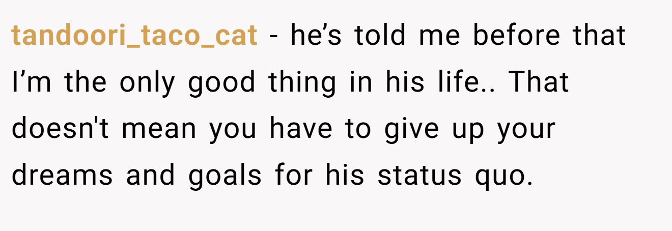 tandoori_taco_cat − he’s told me before that I’m the only good thing in his life.. That doesn't mean you have to give up your dreams and goals for his status quo.