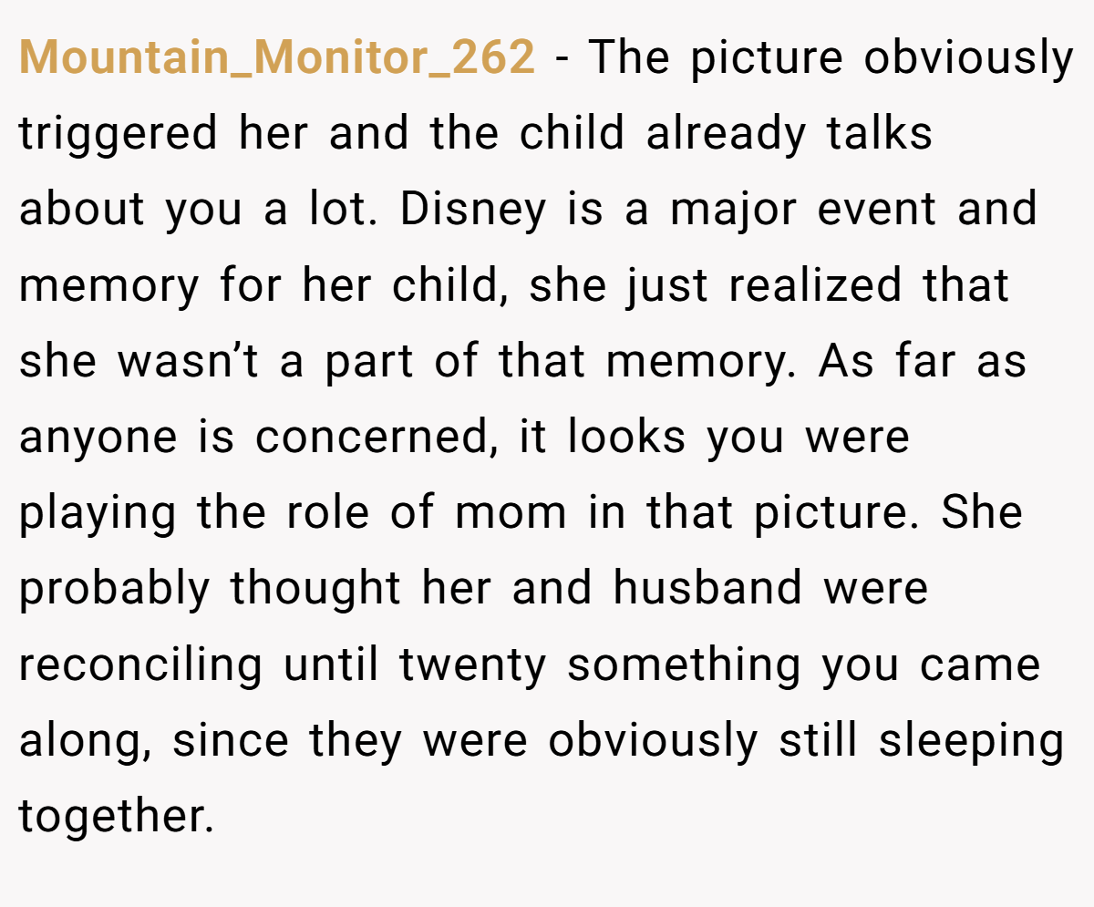 Mountain_Monitor_262 − The picture obviously triggered her and the child already talks about you a lot. Disney is a major event and memory for her child, she just realized that she wasn’t a part of that memory. As far as anyone is concerned, it looks you were playing the role of mom in that picture. She probably thought her and husband were reconciling until twenty something you came along, since they were obviously still sleeping together.