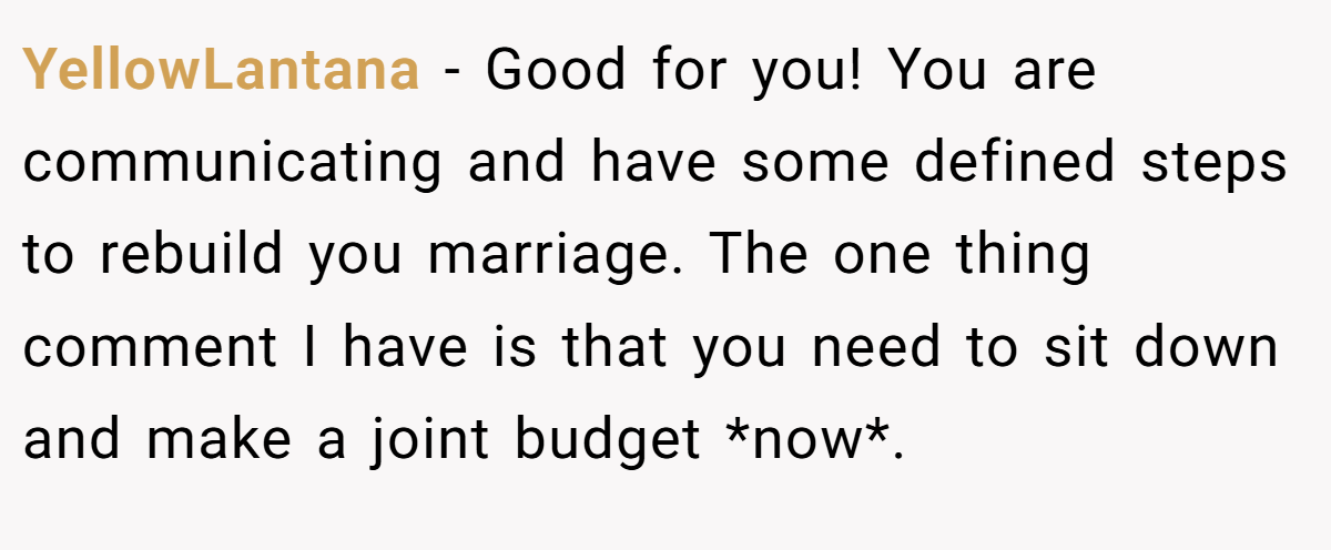 YellowLantana − Good for you! You are communicating and have some defined steps to rebuild you marriage. The one thing comment I have is that you need to sit down and make a joint budget *now*.