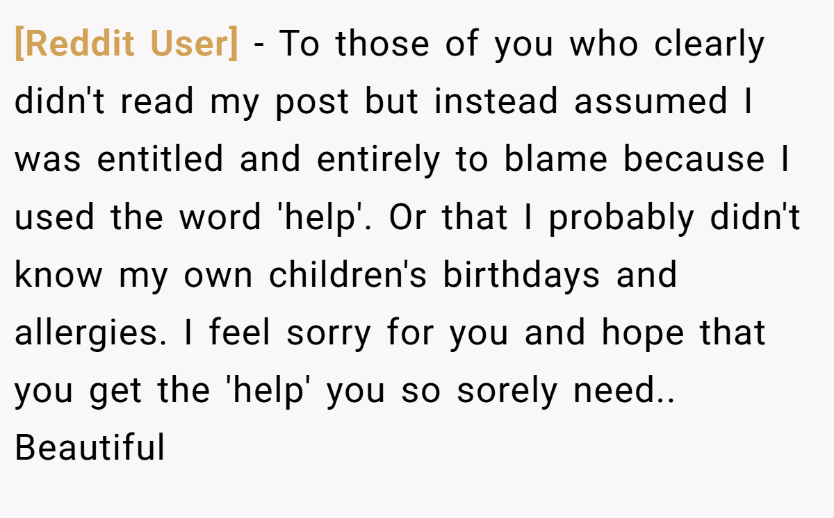 [Reddit User] − To those of you who clearly didn't read my post but instead assumed I was entitled and entirely to blame because I used the word 'help'. Or that I probably didn't know my own children's birthdays and allergies. I feel sorry for you and hope that you get the 'help' you so sorely need.. Beautiful