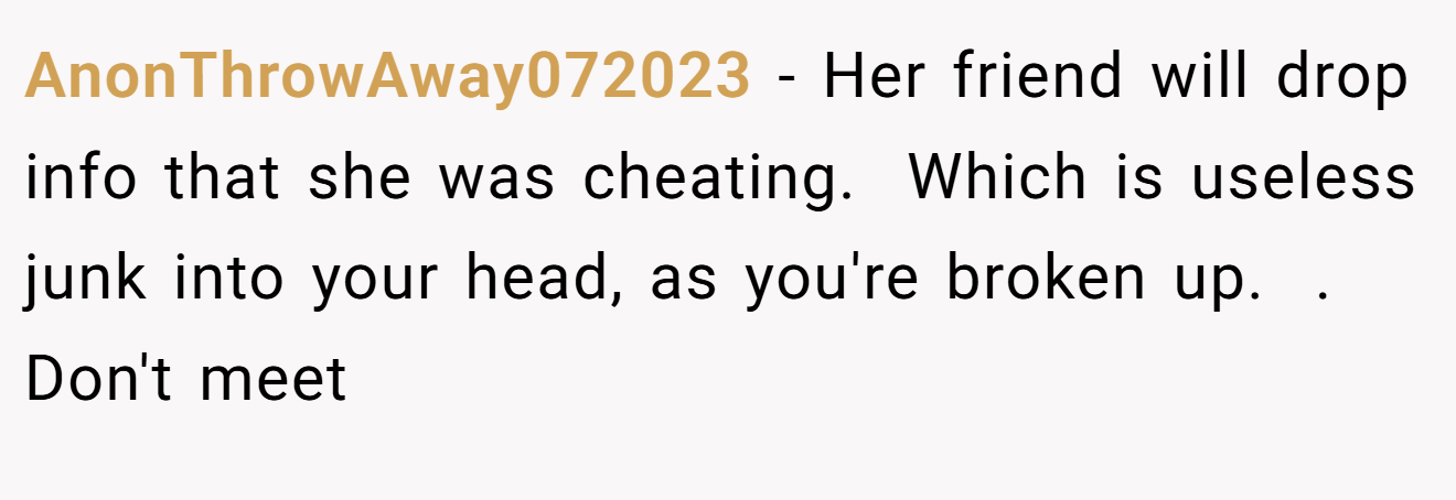 AnonThrowAway072023 − Her friend will drop info that she was cheating.  Which is useless junk into your head, as you're broken up.  . Don't meet 