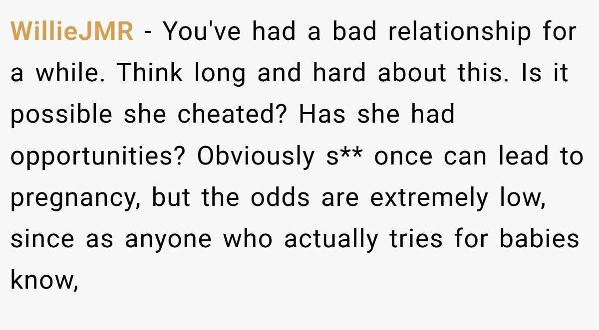 WillieJMR − You've had a bad relationship for a while. Think long and hard about this. Is it possible she cheated? Has she had opportunities? Obviously s** once can lead to pregnancy, but the odds are extremely low, since as anyone who actually tries for babies know,