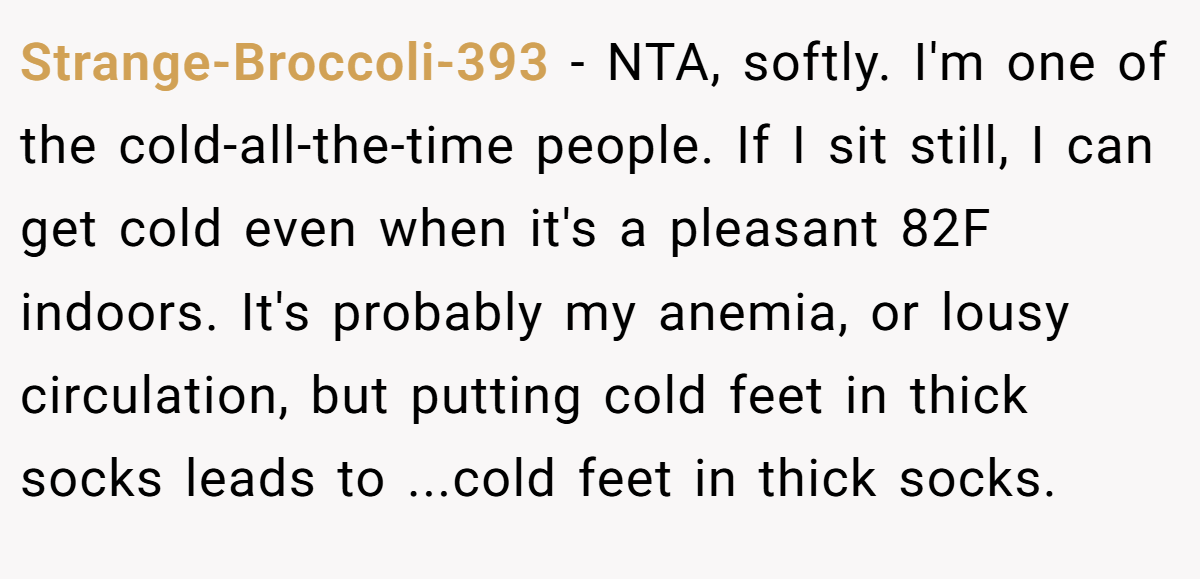 Strange-Broccoli-393 − NTA, softly. I'm one of the cold-all-the-time people. If I sit still, I can get cold even when it's a pleasant 82F indoors. It's probably my anemia, or lousy circulation, but putting cold feet in thick socks leads to ...cold feet in thick socks.