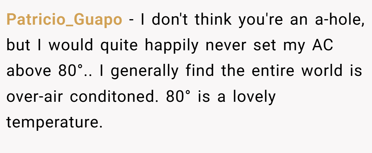 Patricio_Guapo − I don't think you're an a-hole, but I would quite happily never set my AC above 80°.. I generally find the entire world is over-air conditoned. 80° is a lovely temperature.