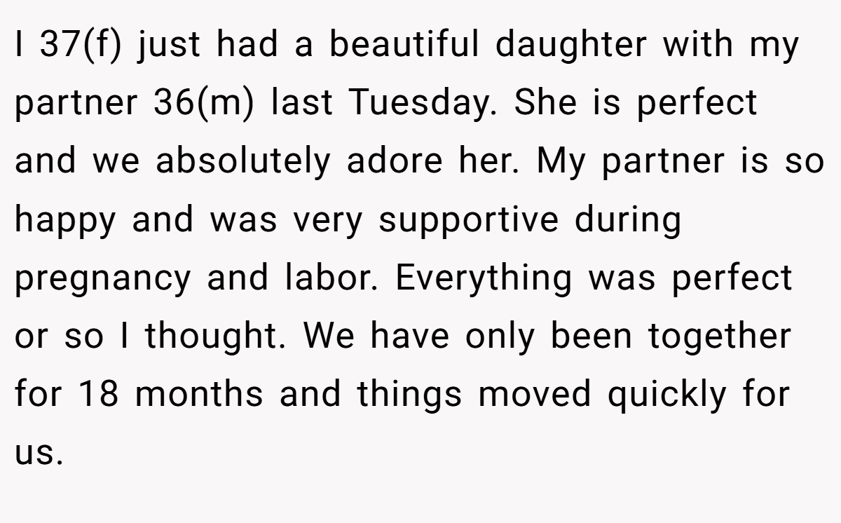 I 37(f) just had a beautiful daughter with my partner 36(m) last Tuesday. She is perfect and we absolutely adore her. My partner is so happy and was very supportive during pregnancy and labor. Everything was perfect or so I thought. We have only been together for 18 months and things moved quickly for us.