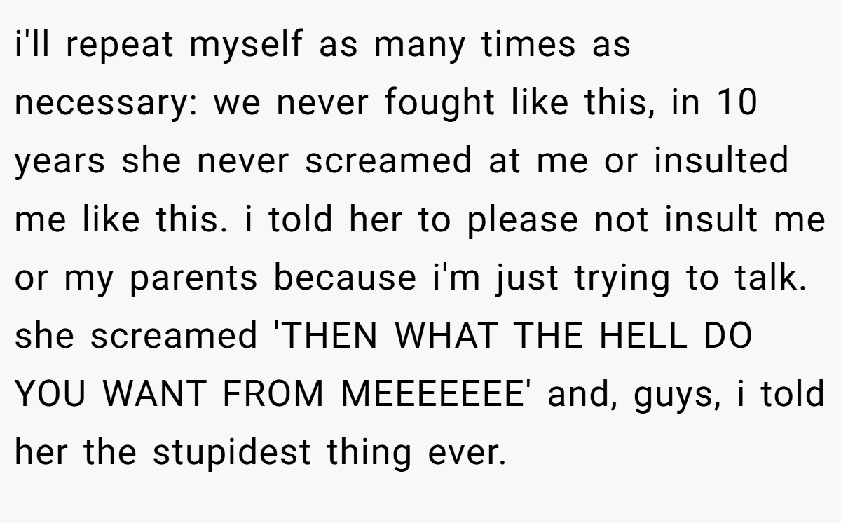 i'll repeat myself as many times as necessary: we never fought like this, in 10 years she never screamed at me or insulted me like this. i told her to please not insult me or my parents because i'm just trying to talk. she screamed 'THEN WHAT THE HELL DO YOU WANT FROM MEEEEEEE' and, guys, i told her the stupidest thing ever.