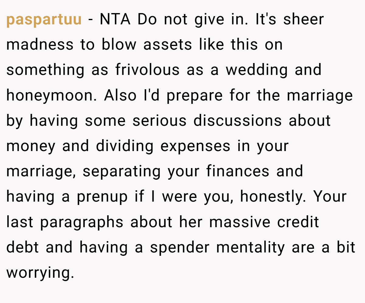paspartuu − NTA Do not give in. It's sheer madness to blow assets like this on something as frivolous as a wedding and honeymoon. Also I'd prepare for the marriage by having some serious discussions about money and dividing expenses in your marriage, separating your finances and having a prenup if I were you, honestly. Your last paragraphs about her massive credit debt and having a spender mentality are a bit worrying.