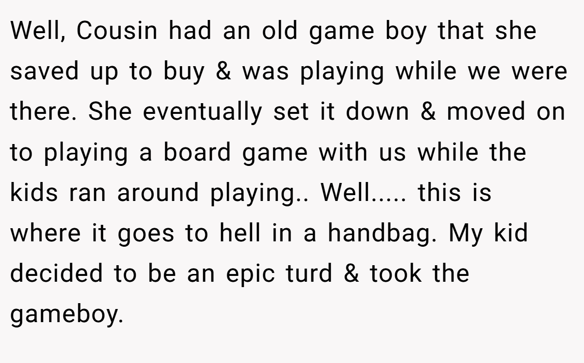 Well, Cousin had an old game boy that she saved up to buy & was playing while we were there. She eventually set it down & moved on to playing a board game with us while the kids ran around playing.. Well..... this is where it goes to hell in a handbag. My kid decided to be an epic turd & took the gameboy.