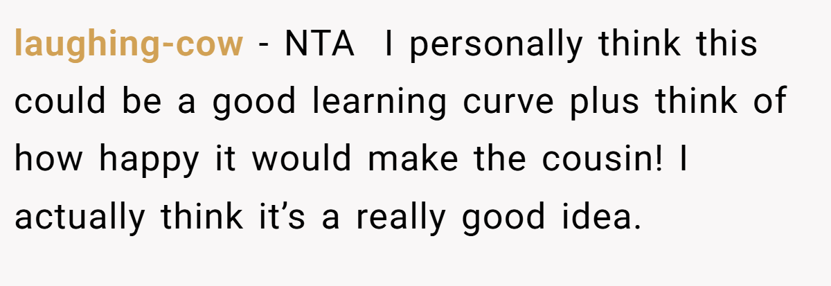 laughing-cow − NTA  I personally think this could be a good learning curve plus think of how happy it would make the cousin! I actually think it’s a really good idea.