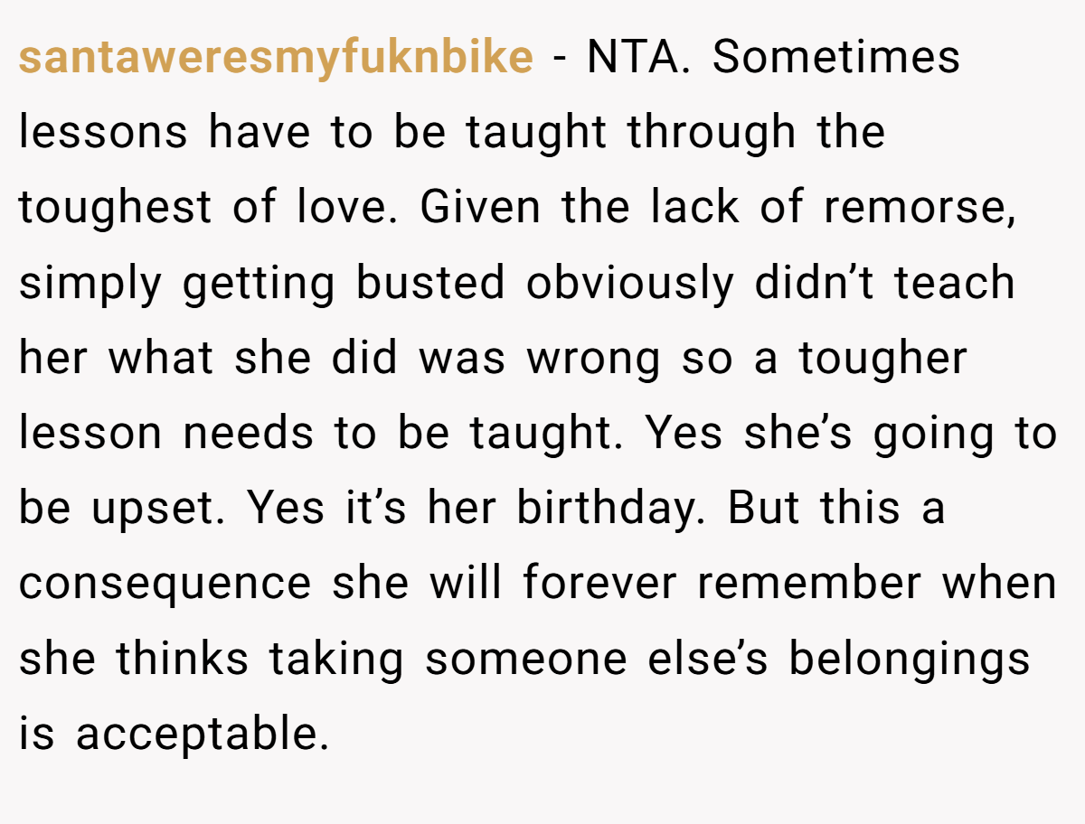 santaweresmyfuknbike − NTA. Sometimes lessons have to be taught through the toughest of love. Given the lack of remorse, simply getting busted obviously didn’t teach her what she did was wrong so a tougher lesson needs to be taught. Yes she’s going to be upset. Yes it’s her birthday. But this a consequence she will forever remember when she thinks taking someone else’s belongings is acceptable.