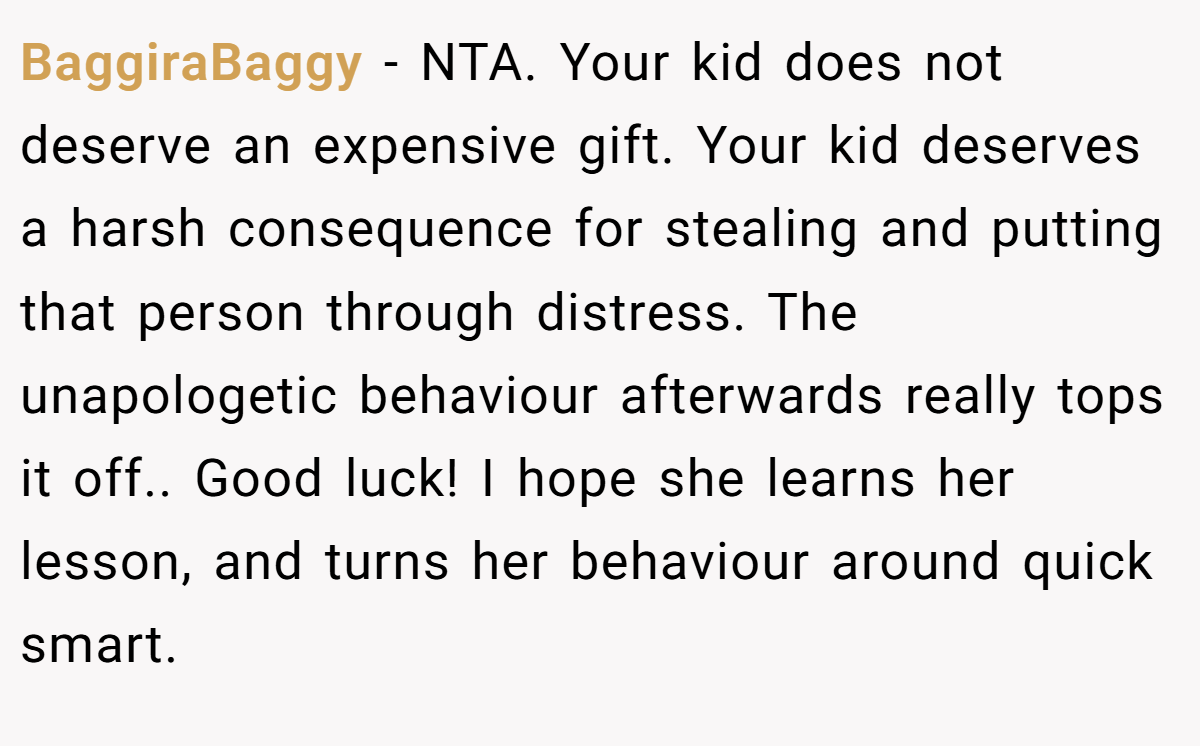 BaggiraBaggy − NTA. Your kid does not deserve an expensive gift. Your kid deserves a harsh consequence for stealing and putting that person through distress. The unapologetic behaviour afterwards really tops it off.. Good luck! I hope she learns her lesson, and turns her behaviour around quick smart.
