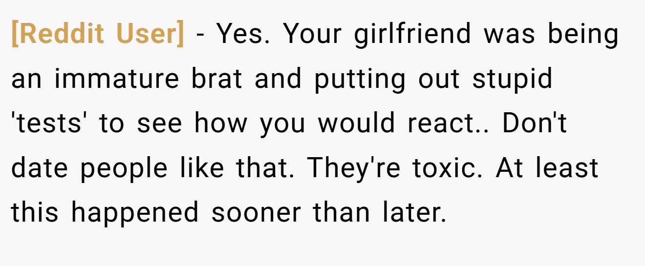[Reddit User] − Yes. Your girlfriend was being an immature brat and putting out stupid 'tests' to see how you would react.. Don't date people like that. They're toxic. At least this happened sooner than later.