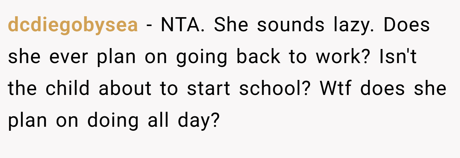 dcdiegobysea − NTA. She sounds lazy. Does she ever plan on going back to work? Isn't the child about to start school? Wtf does she plan on doing all day?
