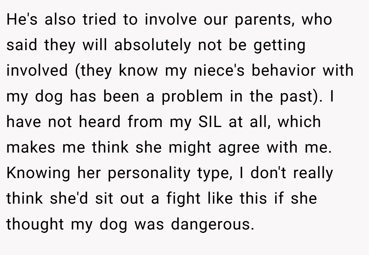 He's also tried to involve our parents, who said they will absolutely not be getting involved (they know my niece's behavior with my dog has been a problem in the past). I have not heard from my SIL at all, which makes me think she might agree with me. Knowing her personality type, I don't really think she'd sit out a fight like this if she thought my dog was dangerous.