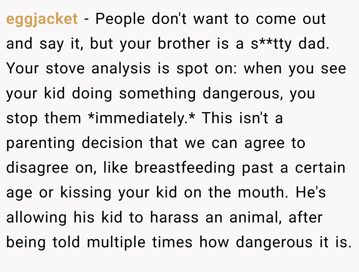 eggjacket − People don't want to come out and say it, but your brother is a s**tty dad. Your stove analysis is spot on: when you see your kid doing something dangerous, you stop them *immediately.* This isn't a parenting decision that we can agree to disagree on, like breastfeeding past a certain age or kissing your kid on the mouth. He's allowing his kid to harass an animal, after being told multiple times how dangerous it is.