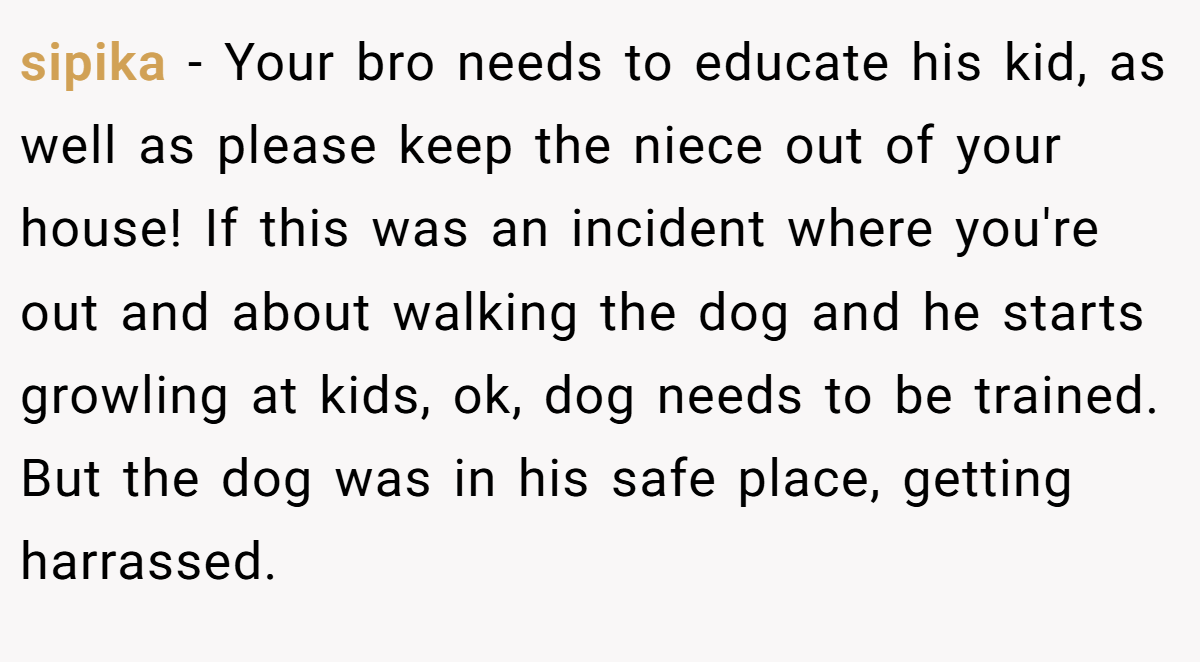 sipika − Your bro needs to educate his kid, as well as please keep the niece out of your house! If this was an incident where you're out and about walking the dog and he starts growling at kids, ok, dog needs to be trained. But the dog was in his safe place, getting harrassed.