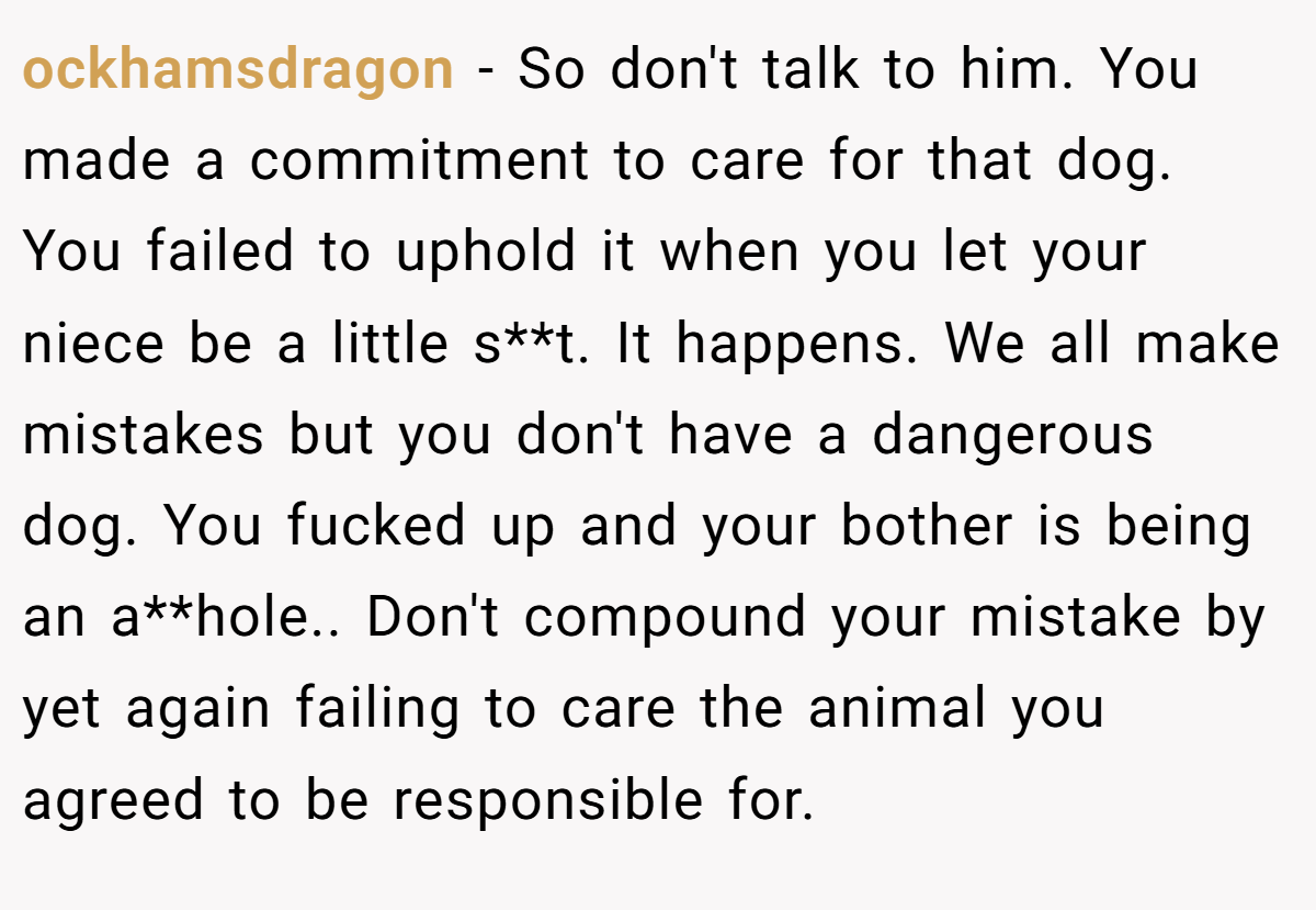 ockhamsdragon − So don't talk to him. You made a commitment to care for that dog. You failed to uphold it when you let your niece be a little s**t. It happens. We all make mistakes but you don't have a dangerous dog. You fucked up and your bother is being an a**hole.. Don't compound your mistake by yet again failing to care the animal you agreed to be responsible for.