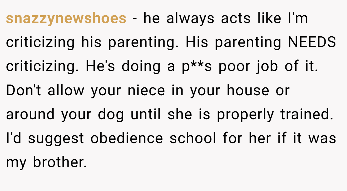 snazzynewshoes − he always acts like I'm criticizing his parenting. His parenting NEEDS criticizing. He's doing a p**s poor job of it. Don't allow your niece in your house or around your dog until she is properly trained. I'd suggest obedience school for her if it was my brother.