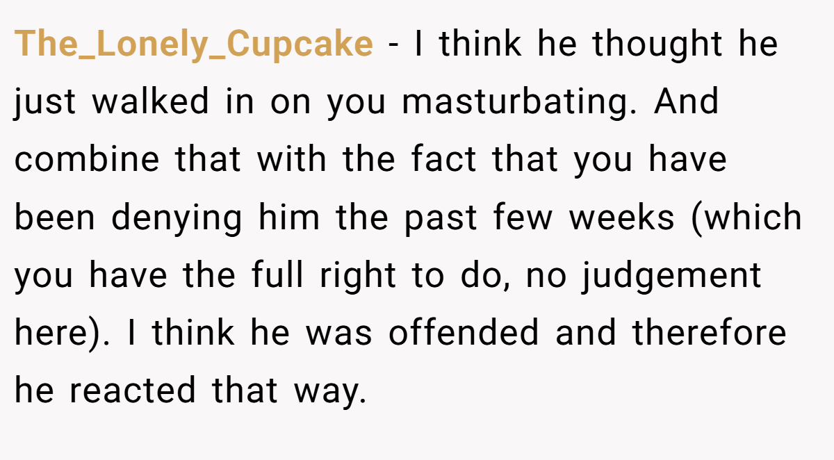 The_Lonely_Cupcake − I think he thought he just walked in on you masturbating. And combine that with the fact that you have been denying him the past few weeks (which you have the full right to do, no judgement here). I think he was offended and therefore he reacted that way.