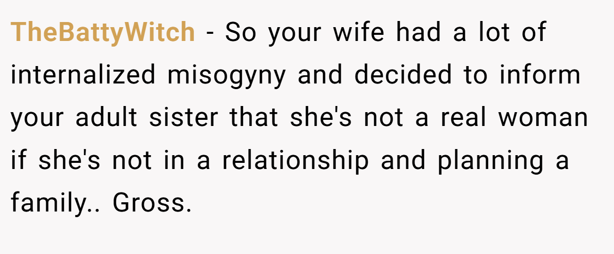 TheBattyWitch − So your wife had a lot of internalized misogyny and decided to inform your adult sister that she's not a real woman if she's not in a relationship and planning a family.. Gross.