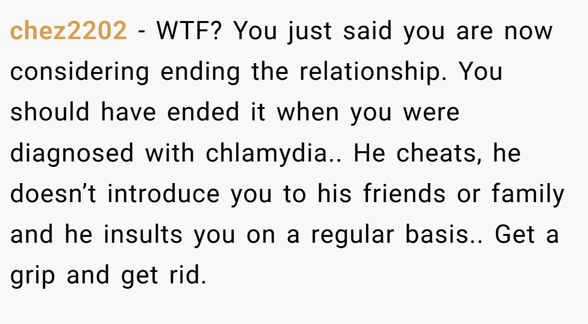 chez2202 − WTF? You just said you are now considering ending the relationship. You should have ended it when you were diagnosed with chlamydia.. He cheats, he doesn’t introduce you to his friends or family and he insults you on a regular basis.. Get a grip and get rid.