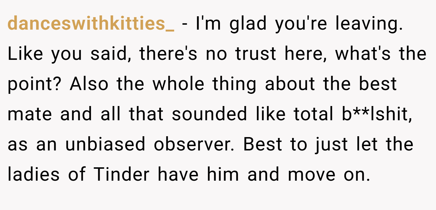danceswithkitties_ − I'm glad you're leaving. Like you said, there's no trust here, what's the point? Also the whole thing about the best mate and all that sounded like total b**lshit, as an unbiased observer. Best to just let the ladies of Tinder have him and move on.