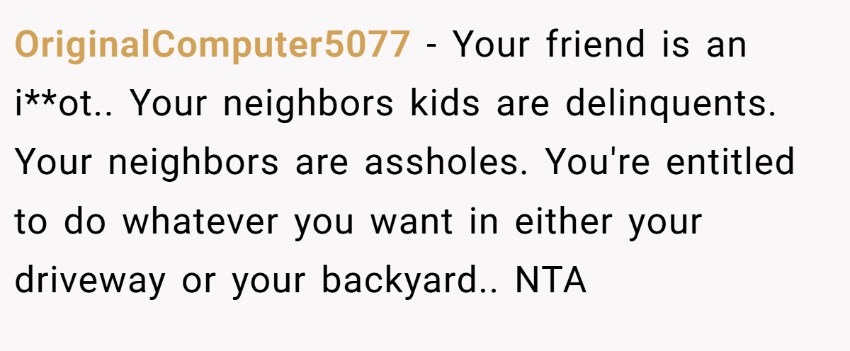 OriginalComputer5077 − Your friend is an i**ot.. Your neighbors kids are delinquents. Your neighbors are assholes. You're entitled to do whatever you want in either your driveway or your backyard.. NTA