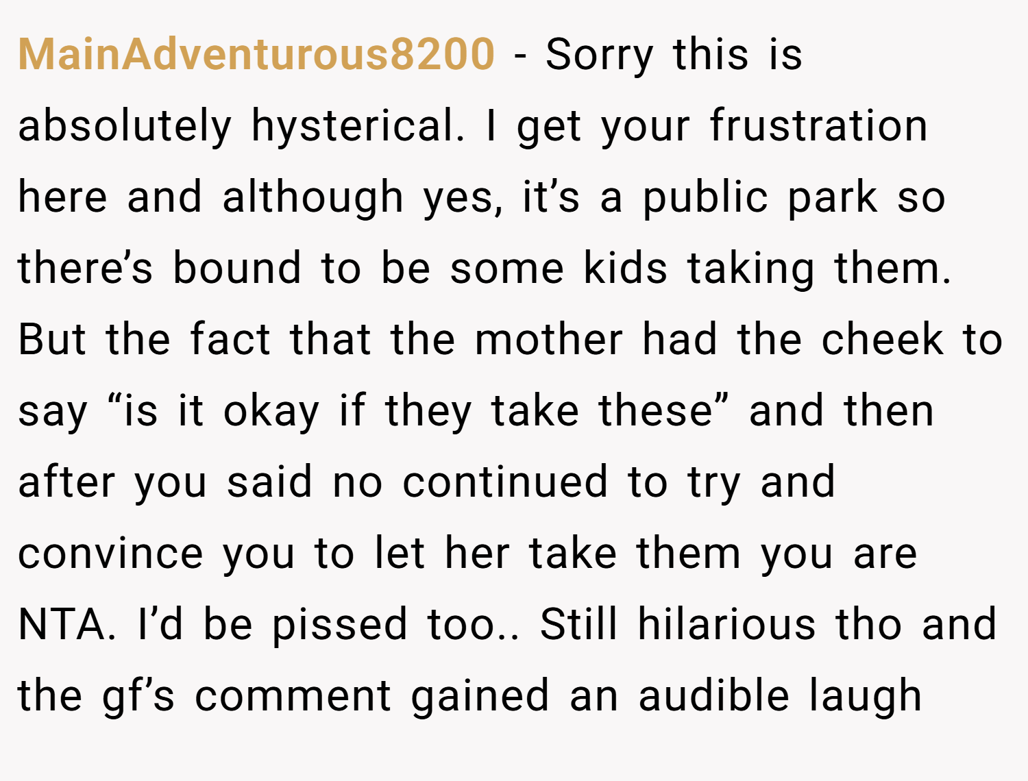 MainAdventurous8200 − Sorry this is absolutely hysterical. I get your frustration here and although yes, it’s a public park so there’s bound to be some kids taking them. But the fact that the mother had the cheek to say “is it okay if they take these” and then after you said no continued to try and convince you to let her take them you are NTA. I’d be pissed too.. Still hilarious tho and the gf’s comment gained an audible laugh