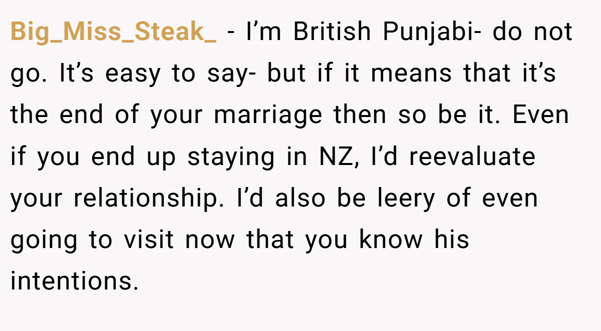 Big_Miss_Steak_ − I’m British Punjabi- do not go. It’s easy to say- but if it means that it’s the end of your marriage then so be it. Even if you end up staying in NZ, I’d reevaluate your relationship. I’d also be leery of even going to visit now that you know his intentions.