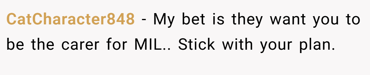 CatCharacter848 − My bet is they want you to be the carer for MIL.. Stick with your plan.