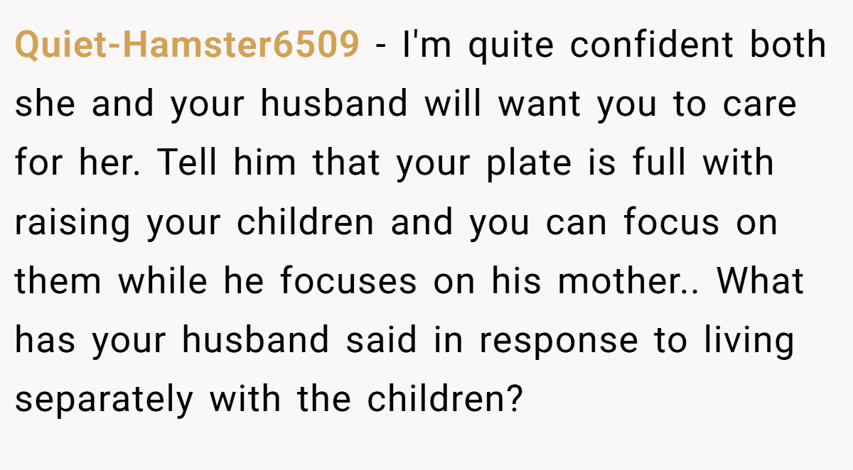 Quiet-Hamster6509 − I'm quite confident both she and your husband will want you to care for her. Tell him that your plate is full with raising your children and you can focus on them while he focuses on his mother.. What has your husband said in response to living separately with the children?