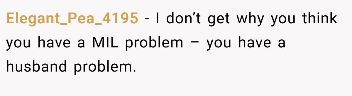 Elegant_Pea_4195 − I don’t get why you think you have a MIL problem – you have a husband problem.