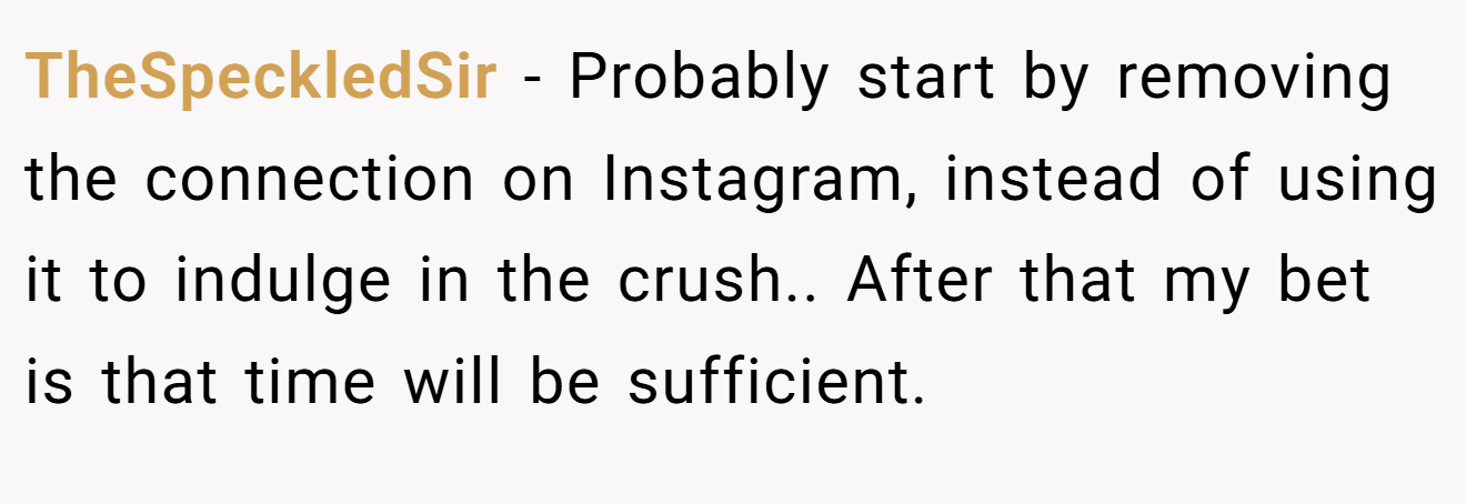 TheSpeckledSir − Probably start by removing the connection on Instagram, instead of using it to indulge in the crush.. After that my bet is that time will be sufficient.
